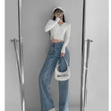 Irregular Breasted High Waist Jeans For Women Straight-leg Trousers