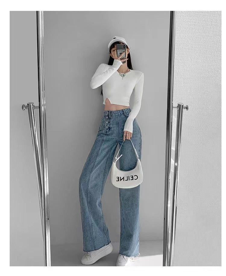 Irregular Breasted High Waist Jeans For Women Straight-leg Trousers