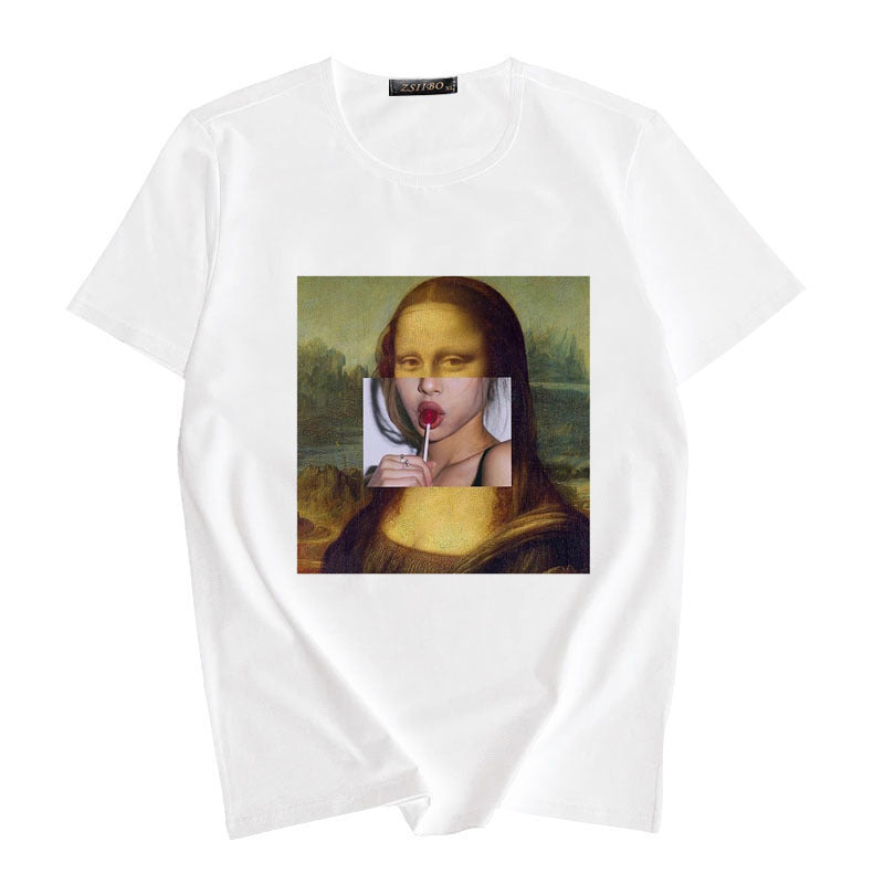 Women's Summer Spoof Oil Painting Print Round Neck T-shirt Top