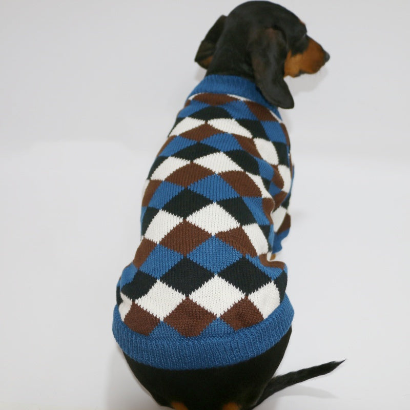 Pet Puppy Cat Clothes Blue Coffee Rhombus Sweater