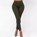 High Waist Button Solid Color Slim Fit Hip Skinny Pants