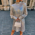 Gold Slim Fit Tied Waist-controlled Long Sleeves Dress