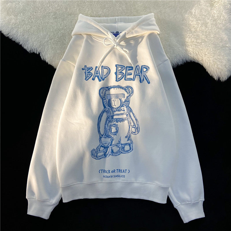 American Hiphop Bear Hoodie Women's Autumn And Winter Korean Style Loose High Street Oversize Retro Bf Preppy Style Top