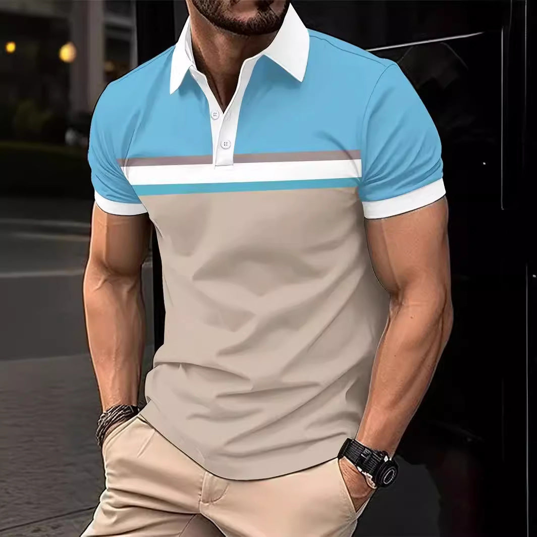 Color Stitching Turnover Neck Button Short Sleeve T-shirt