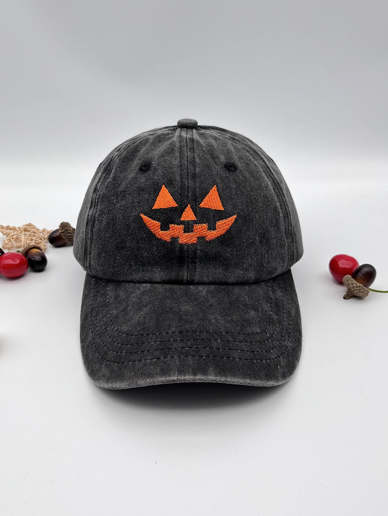 Washed Cotton Men's And Women's Casual Halloween Embroidery Pumpkin Smiley Baseball Cap