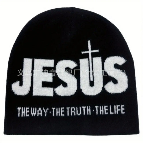 Jacquard Brimless Knitted Hat JESUS Letters Autumn And Winter Wool Sleeve Cap