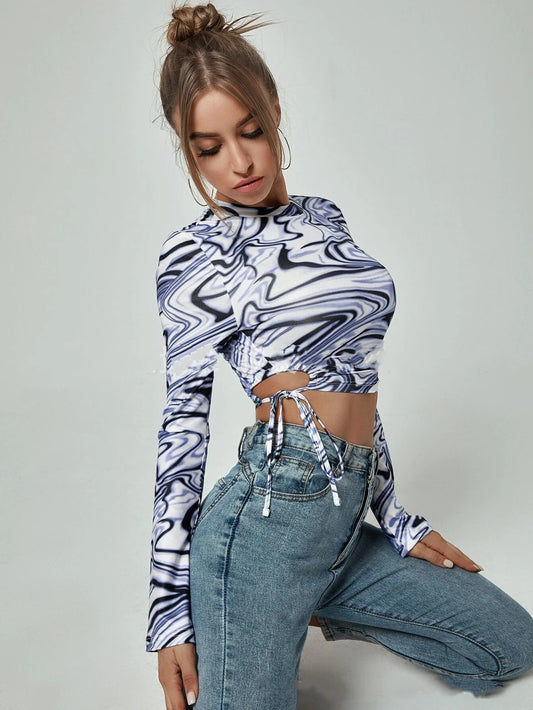 Abstract Printed Slim Cropped Long-sleeved Top