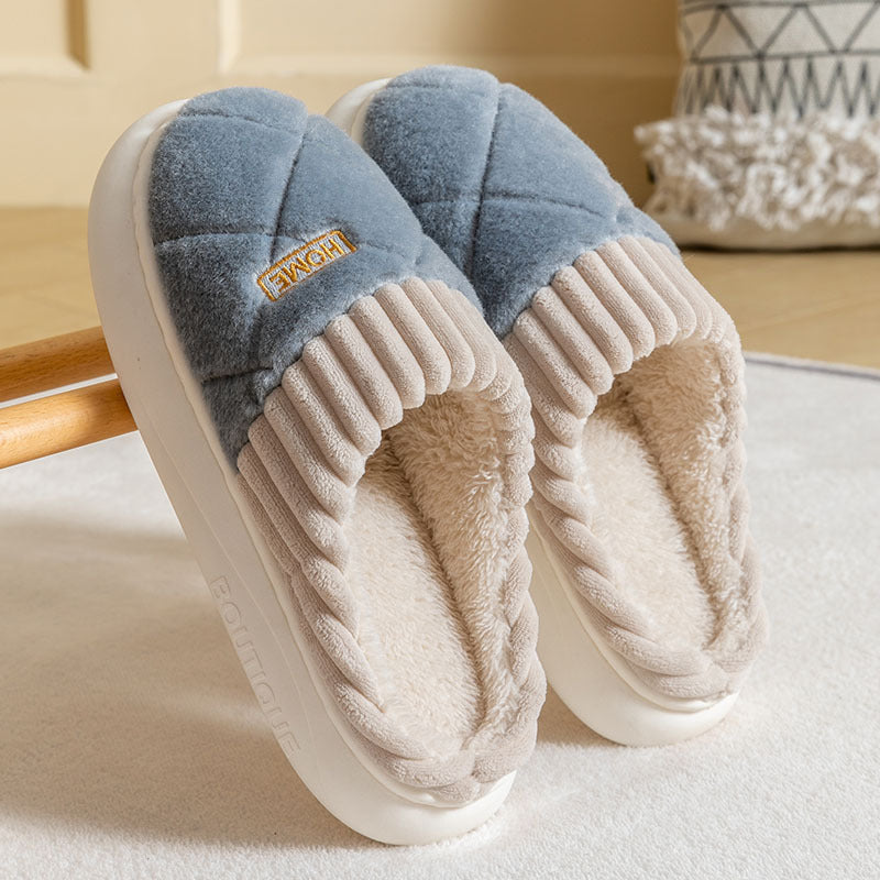 Men's Rhombic Sewing Plush Slippers Winter Warm Non-slip House Shoes For Women Bedroom Floor Home Slipper Couple