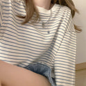 Korean Style Loose Design Striped Top Round Neck