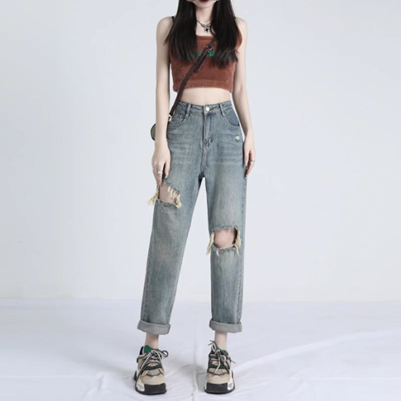 Ripped Daddy Jeans For Women Spring And Autumn 2024 New High Waist Loose Small