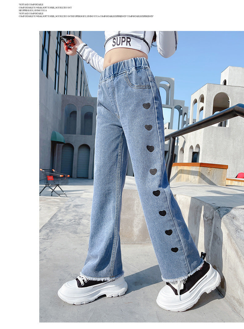 Girls Denim Funky Casual Love Wide Leg Pants