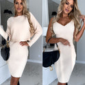 2pcs Suit Women's Solid Stripe Long-sleeved Top And Tight Suspender Skirt Fashion Autumn Winter Slim Clothing