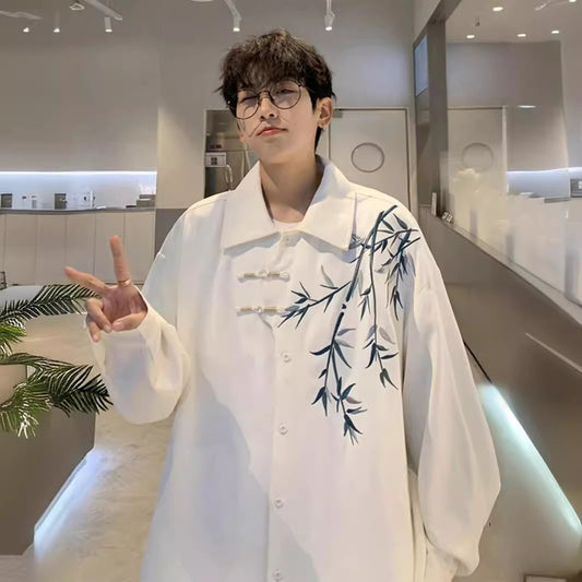 Bamboo Embroidered Long-sleeved Shirt Men's Hanfu Chinese Frog Tang Suit Robe Shirt Coat