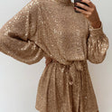 Gold Slim Fit Tied Waist-controlled Long Sleeves Dress