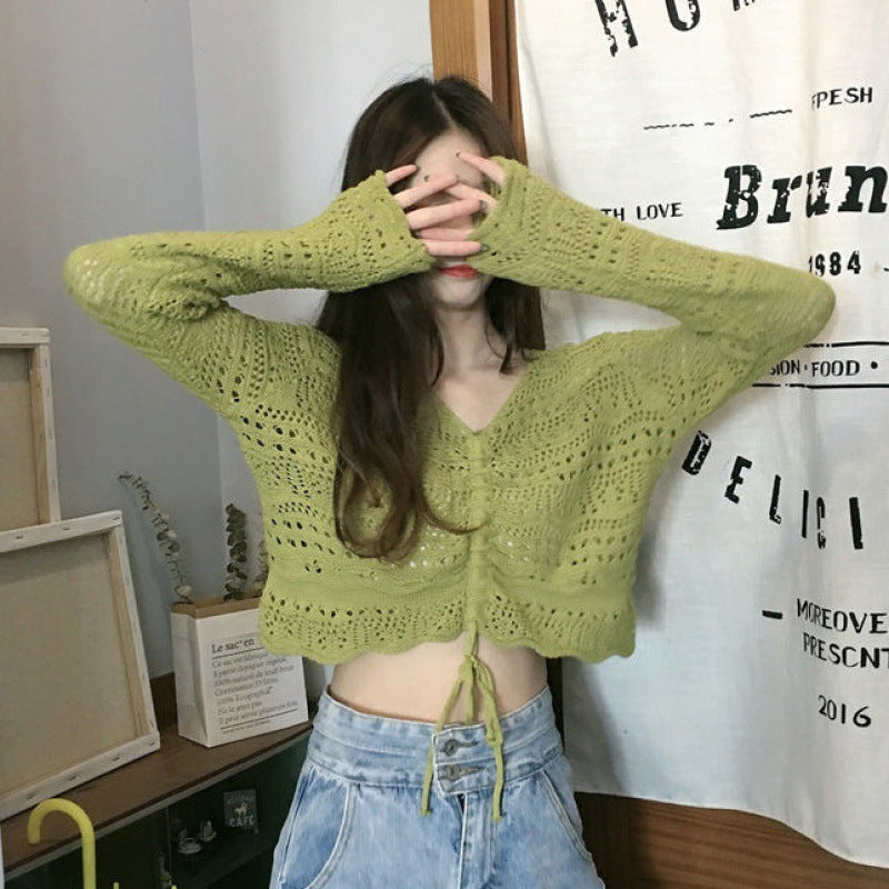 Women's V-neck Long Sleeve Top Loose Hollow Sweater