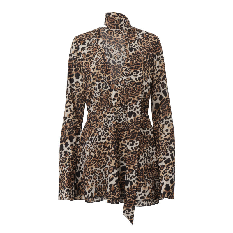 Fashion Women's Wear Vintage Leopard Print Deep V Dress