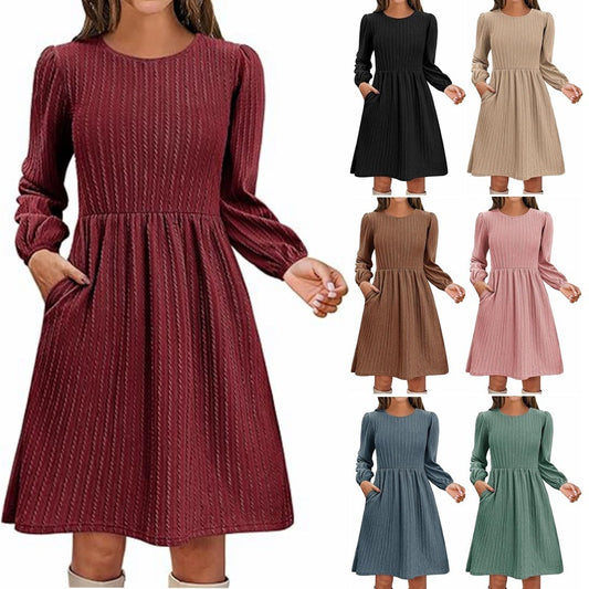 Round Neck Pocket Knitted Sweater Long Sleeve A- Line Dress