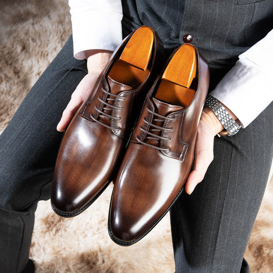 Men's Leather Shoes Breathable Lace Up Hand-rub Color