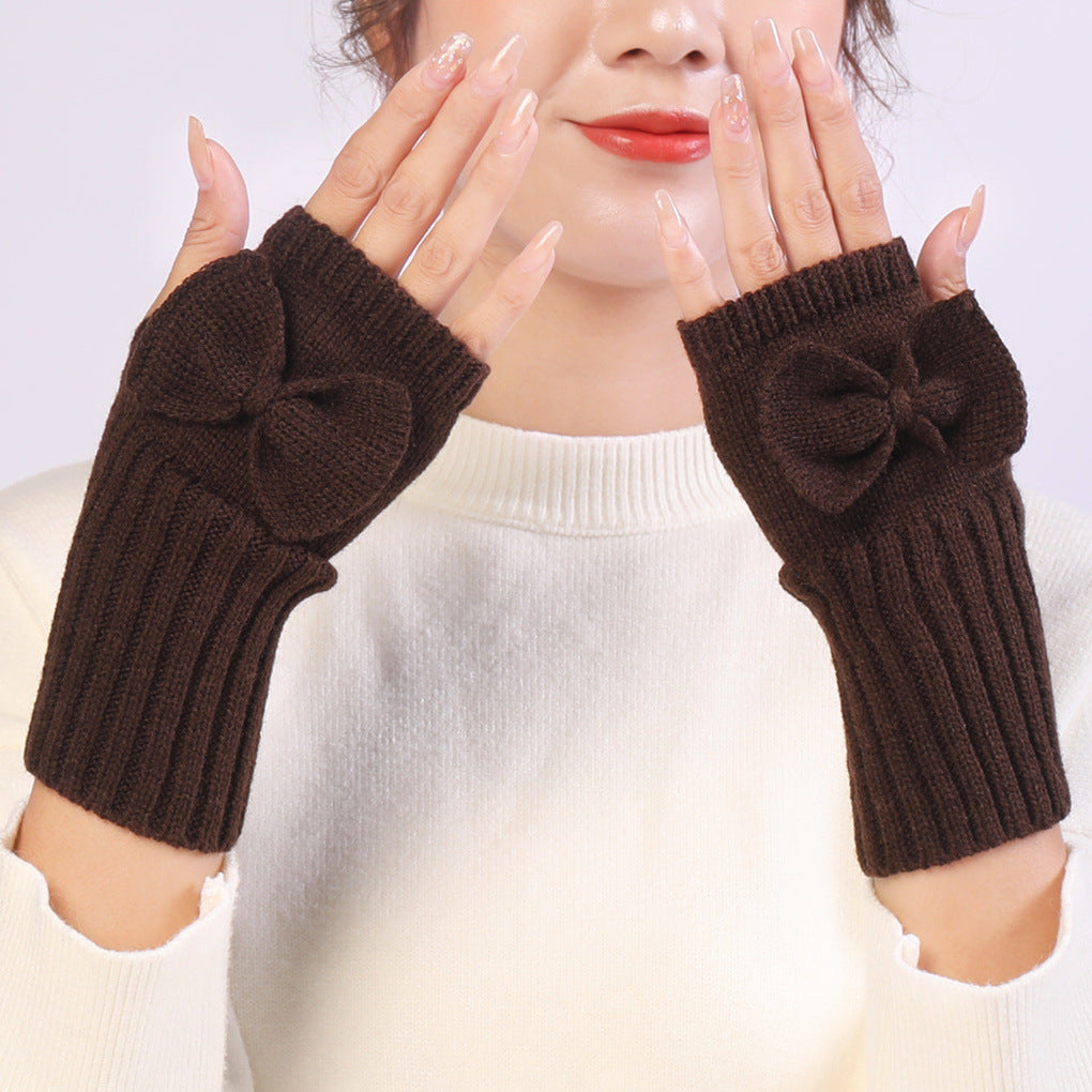 Bow Knitted Wool Keep Warm Half Finger Fingerless Gloves