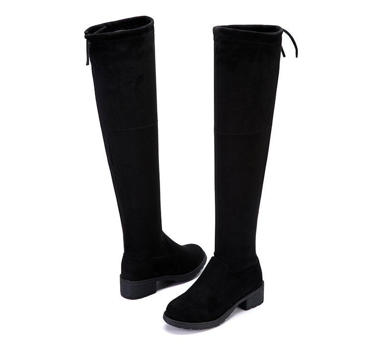 Below-the-knee Length Flat Mid Heel Stretch High Boots