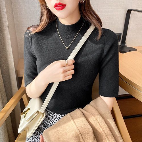 Solid Color Early Autumn Mock-neck Mid-length Sleeve Tight Bottoming Shirt For Women