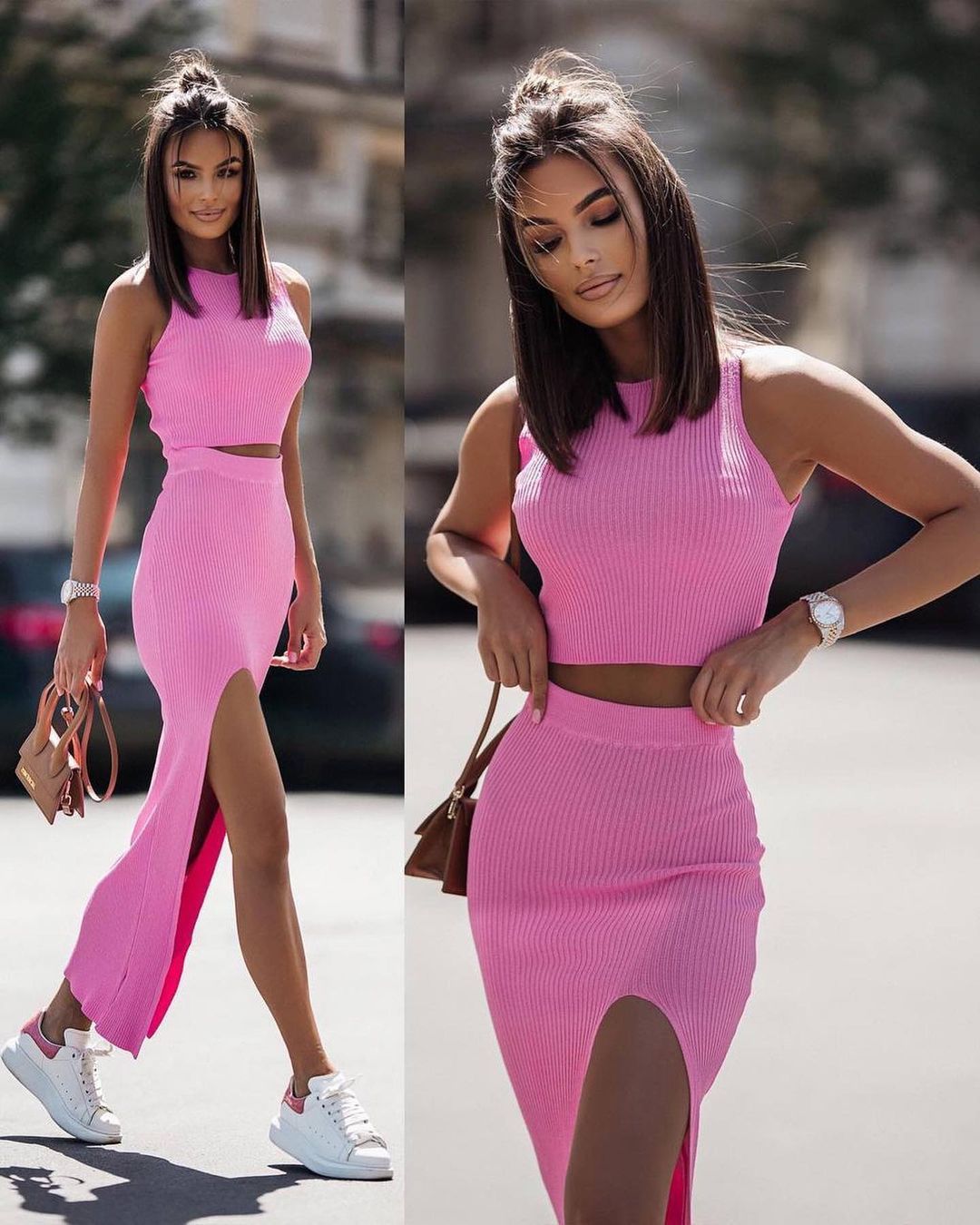 Solid Color Round Neck Vest Side Open Skirt Suit Ladies