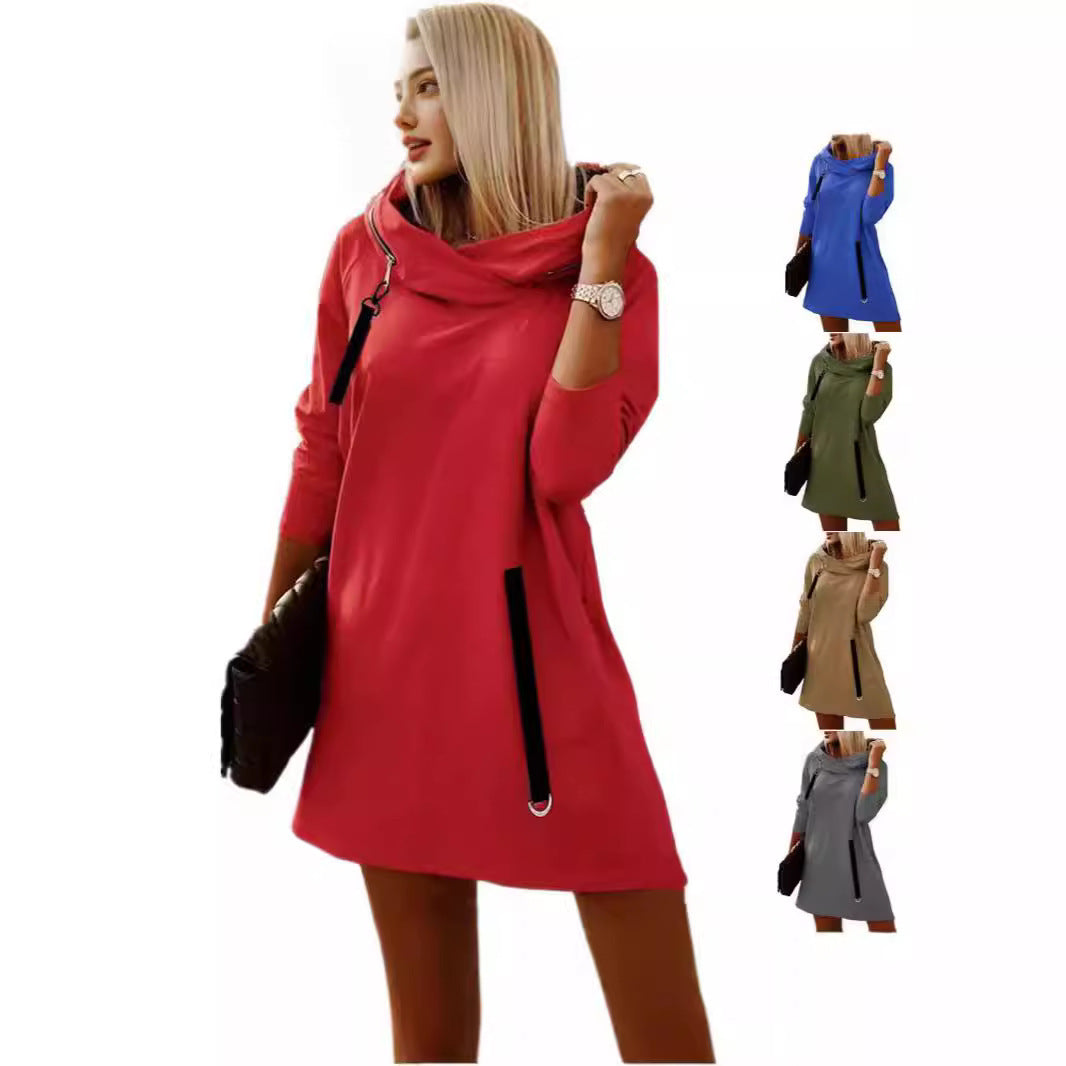 Autumn And Winter Loose Zipper Hooded Long Sleeve Dress