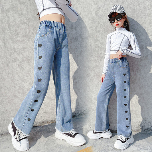 Girls Denim Funky Casual Love Wide Leg Pants