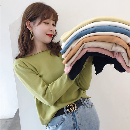 Women's Fashion V-neck Knit Thin Long-sleeved Top T-shirt