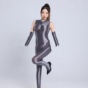 Glossy Silky Double-ended Zipper Over Crotch Bag Feet Sleeveless Jumpsuit