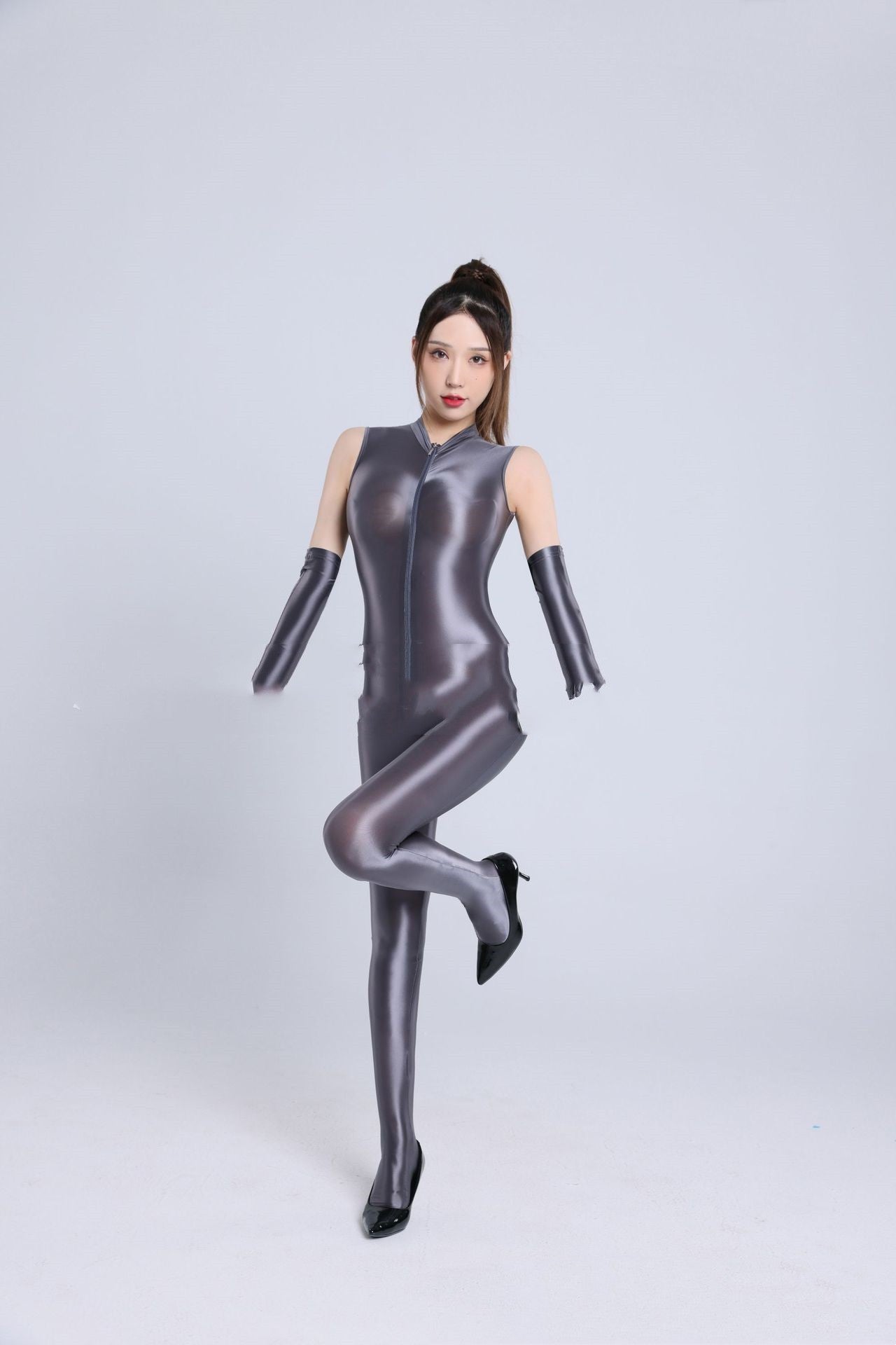 Glossy Silky Double-ended Zipper Over Crotch Bag Feet Sleeveless Jumpsuit