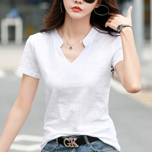 Summer Loose Short-sleeved Women's T-shirt Slub Cotton V-neck Casual