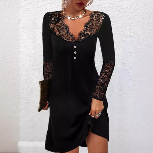 Summer New Women's Solid Color Lace See-through V-neck Dress