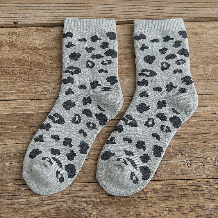 Women's Spotted Leopard Print Terry-loop Hosiery Cotton Middle Tube Socks