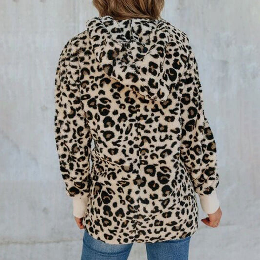 Women's Fashion Slim Leopard Print Hooded Coat