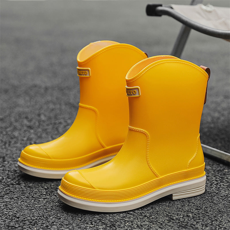 Fashionable All-match Women's Mid-calf Contrast Color Waterproof Shoes Rubber Boots