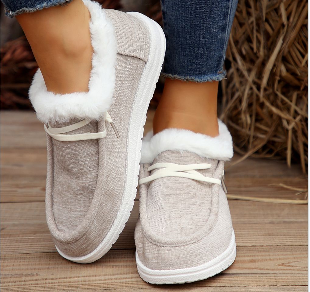 European And American Flat Heel Low Cut Round Head Fleece-lined Thick Furry Warm Women