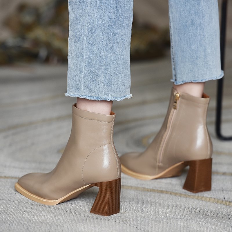 Chunky Heel Color Fashion Boots Side Zipper Low Tube High Heel Square Toe Martin Boots Fashion Ankle Boots