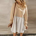 Fashion Colorblock Pleated Knee-length Short Skirt For Women European And American Leisure Loose Long Sleeve Dress