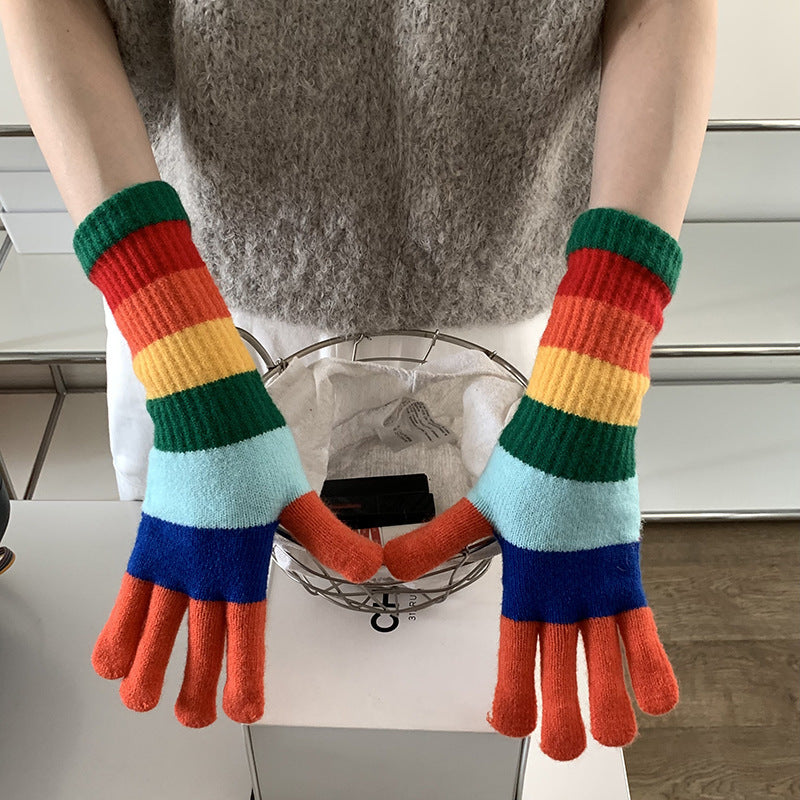 Contrast Color Rainbow Gloves Knitted Wool