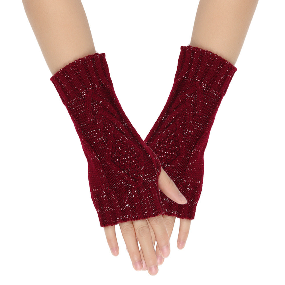 Shiny Silver Silk Knitting Wool Gloves Diamond-shaped Missing Finger