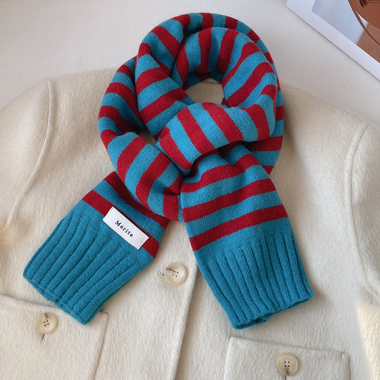 Striped Contrast Color Knitted Wool College Style Scarf