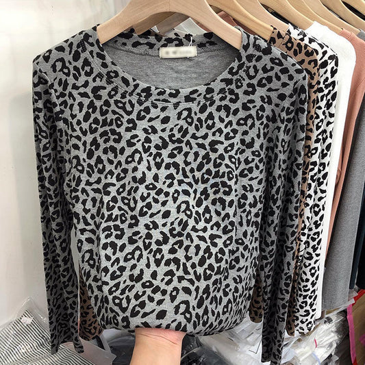 Fashionable Leopard Print Long Sleeve All-match Round Neck Bottoming Shirt