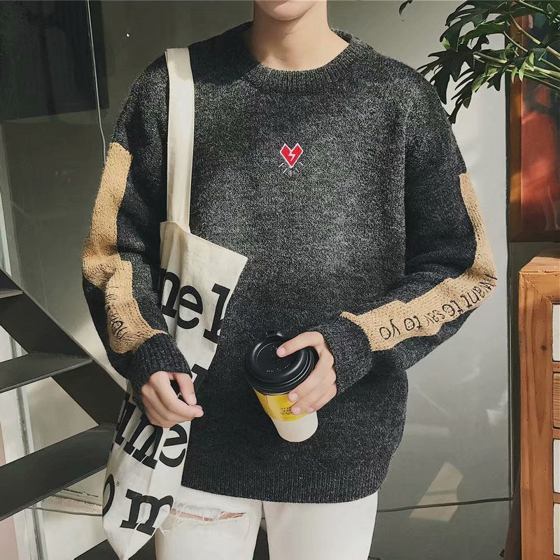 Boys Embroidered Casual Sweater Long-sleeved Color-block Sweater