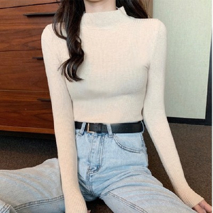 Women's Fashionable All-matching Pure Color Half Collar Slim Knit Bottoming Shirt Top