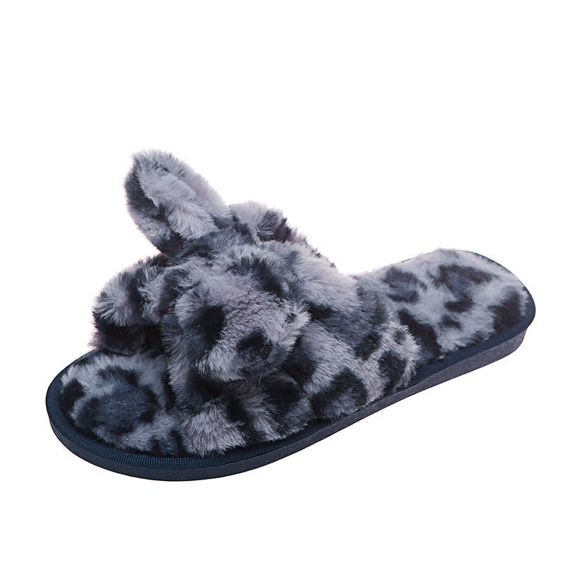 Women's Open-toed Leopard Print Fur Slippers