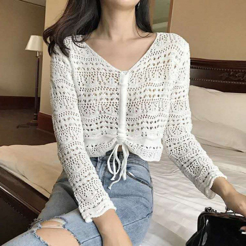 Women's V-neck Long Sleeve Top Loose Hollow Sweater