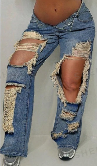 Street Vintage Slant Pocket Distressed Frayed Ripped Cut Out Straight Leg Jeans Casual Comfort Denim Pants