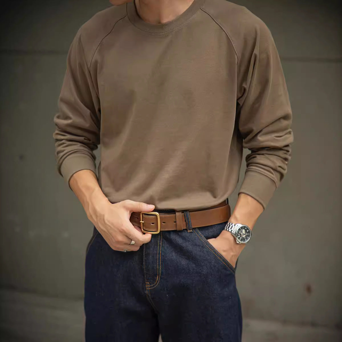 Vintage Cotton Raglan Long Sleeve Neckline Inner Bottoming Shirt Autumn Men