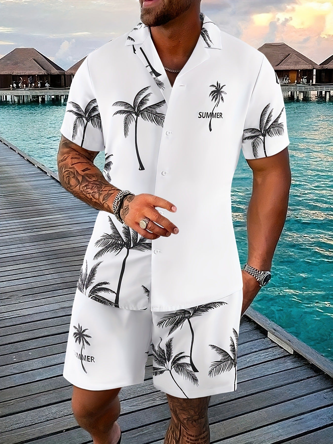 Coconut Tree 3d Printed Short Sleeve Shorts Suit